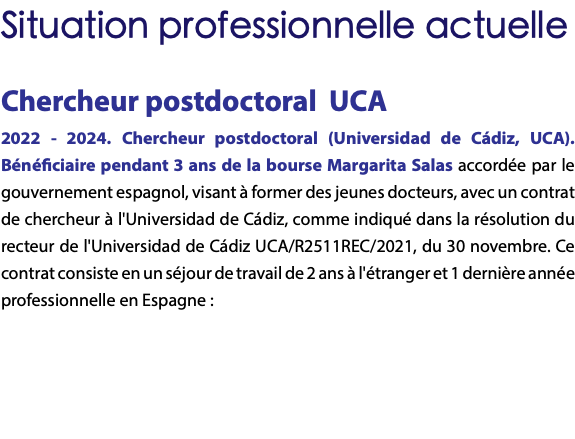 Situation professionnelle actuelle Chercheur postdoctoral UCA 2022 - 2024. Chercheur postdoctoral (Universidad de Cádiz, UCA). Bénéficiaire pendant 3 ans de la bourse Margarita Salas accordée par le gouvernement espagnol, visant à former des jeunes docteurs, avec un contrat de chercheur à l'Universidad de Cádiz, comme indiqué dans la résolution du recteur de l'Universidad de Cádiz UCA/R2511REC/2021, du 30 novembre. Ce contrat consiste en un séjour de travail de 2 ans à l'étranger et 1 dernière année professionnelle en Espagne : 